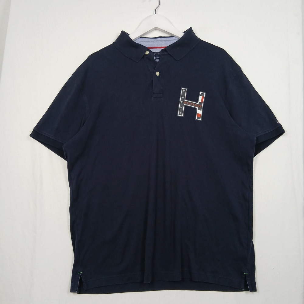 Tommy Hilfiger Mens XL Custom Fit Polo Shirt Navy Blue Graphic H Short Sleeve